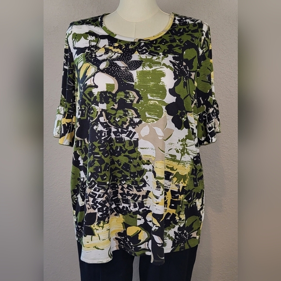 Cato Tops - CATO Olive Green Embellished Print Ruffled Short Sleeve Top - Plus Size 18/20W